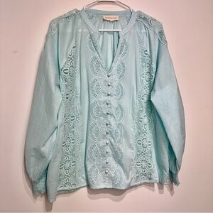 Jennifer & Grace women’s Aqua Blue cotton embroidered eyelet blouse. Size 1X